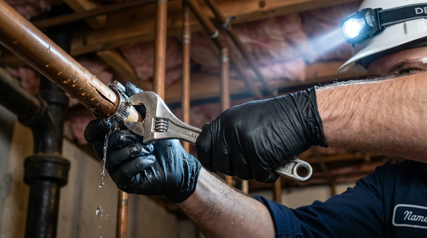 Emergency pipe clamp repair being performed by a Johns Plumbing LLC plumber in Zolfo Springs