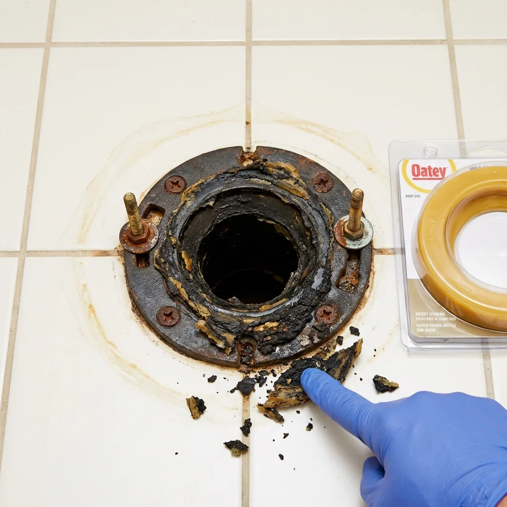 Failed wax ring showing water seepage at the base of a toilet in a Zolfo Springs, FL home