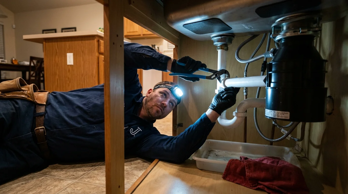 P-trap and supply line connections under a kitchen sink showing a common leak point in Zolfo Springs, FL
